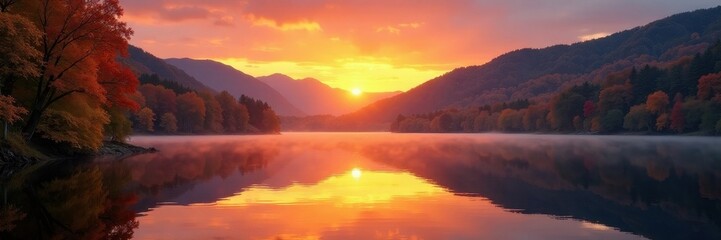 Golden hour sunset over Tarn Hows, vibrant autumn foliage reflected in still water , Lake District, Nature, Beautiful