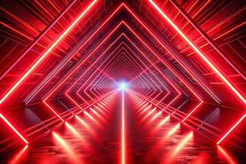 Red neon lights illuminate a futuristic triangular tunnel.