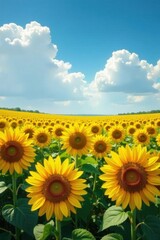 Golden sunflowers stretch to horizon, fluffy clouds drift above , texture, floral