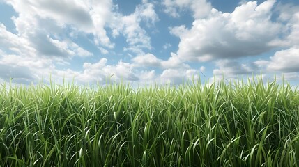 Fototapeta premium Lush Green Sugar Cane Field Under Cloudy Sky in Countryside Landscape