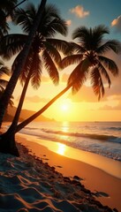 Golden sunset casts long shadows; coconut trees frame idyllic beach, orange, scenic, golden hour