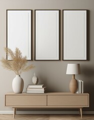 Three mock up posters frame on wall in modern interior background, living room. Books vase lamp on cabinet. Scandinavian style. 3D rendering.