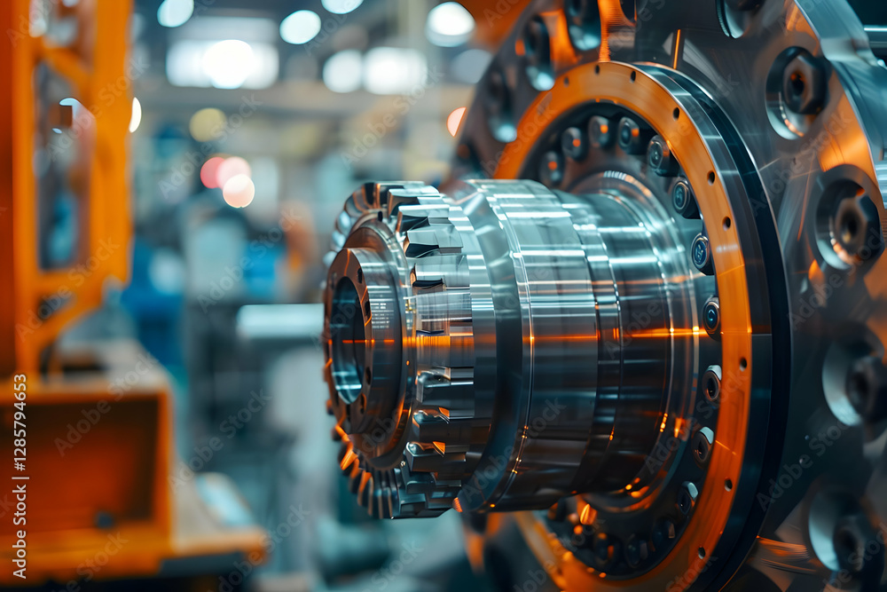 Poster close-up of a precision-engineered metal component in a bustling industrial workshop setting