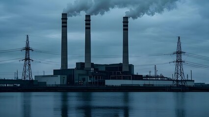 Obraz premium Power plant with smoke out of the chimneys