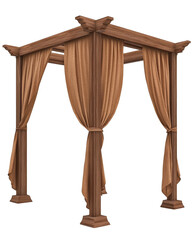 Wooden gazebo with curtains on white background