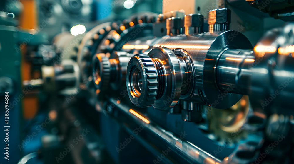 Poster close-up of intricate machinery gears in a factory setting with blurred industrial background