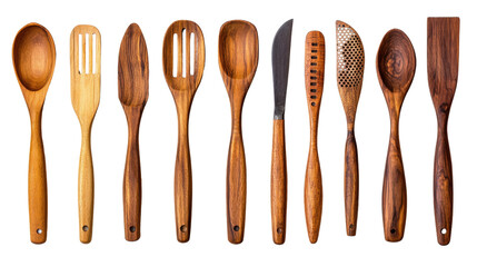 Wooden kitchen utensils, white isolate background