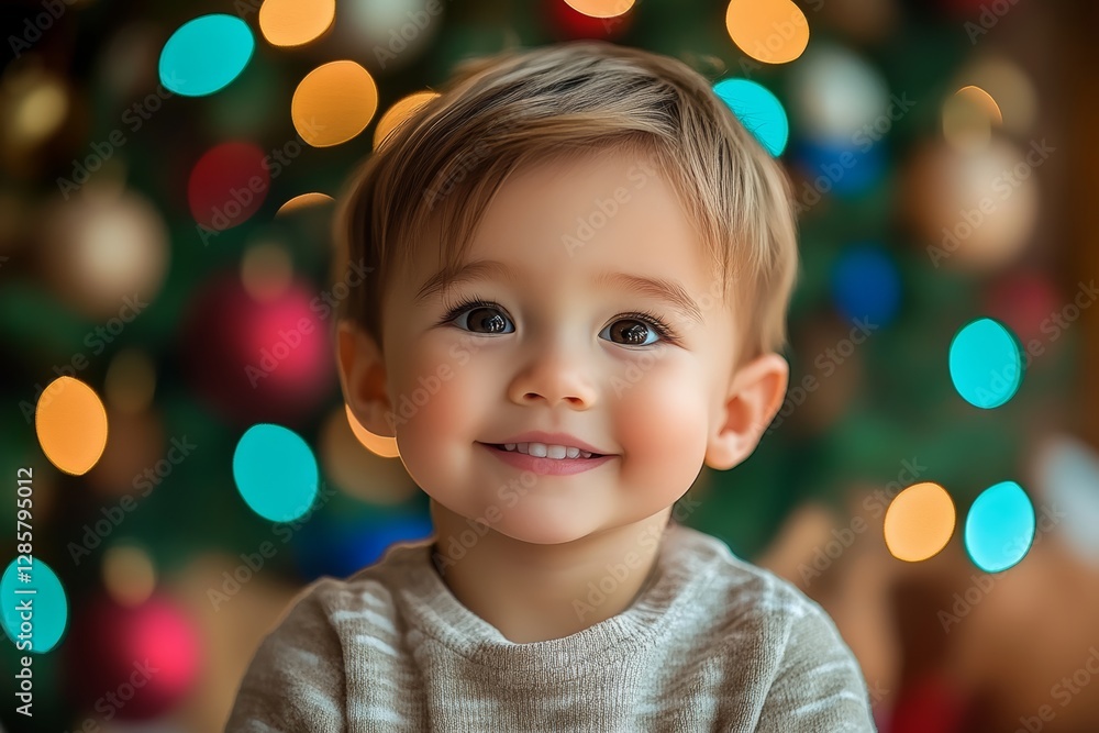 Poster young child is smiling at the camera in front of a christmas tree. the image has a warm and joyful m
