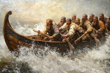 Rowers navigate treacherous waters in a historic longboat during a stormy day at sea with breathtaking waves crashing around them