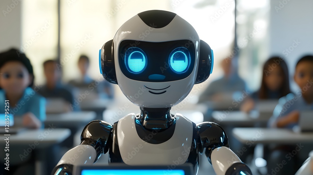 Poster friendly robot teaches students in a classroom of the future with automation and ai technology.