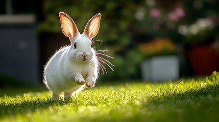 White rabbit is running through a grassy field. The rabbit is small and he is in a playful mood
