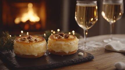 Festive dessert near fireplace with champagne