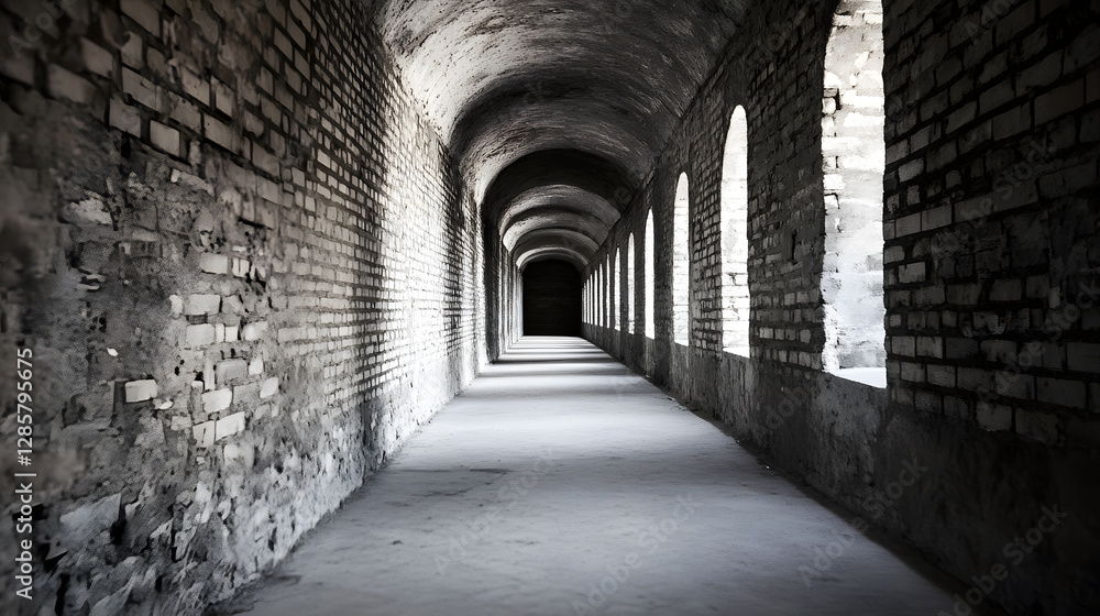Poster ancient brick tunnel corridor with arched windows and dramatic lighting : generative ai