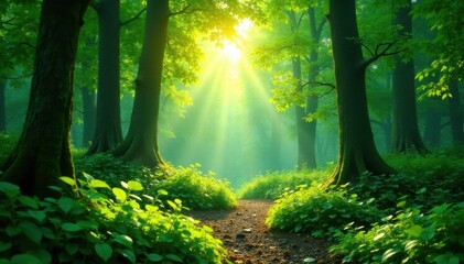 Obraz premium Lush green forest with vibrant foliage, sunlight dappling through leaves, high resolution, growth