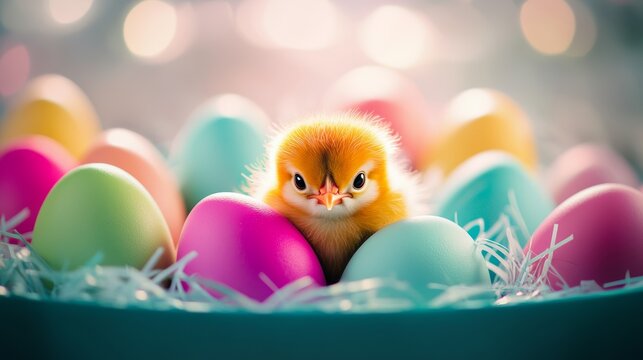 Baby chick is sitting on top of a bunch of Easter eggs. The eggs are in various colors, including pink, blue, and green. The chick is looking up at the camera, and the scene has a playful