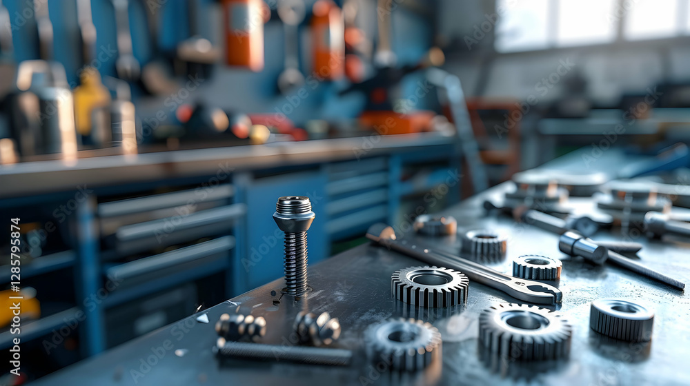 Poster close-up of various mechanical tools and gears on a workbench in a busy workshop setting