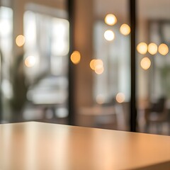 Blurry Luminous Office Interior with Glowing Bokeh Lights and Minimalist Furniture