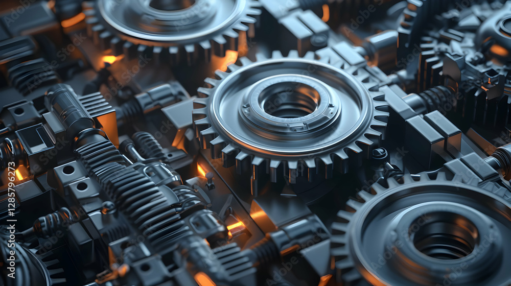 Poster close-up view of intricate metallic gears and machinery with glowing elements in a dark setting