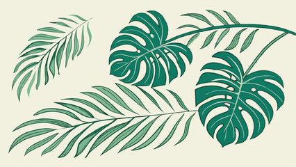 Create a modern tropical leaf pattern with palm and monstera leaves in vibrant greens.