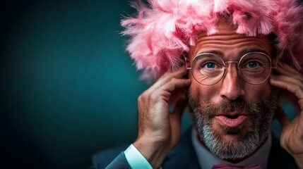 Man with pink hair and glasses is wearing a suit and tie. He is looking at the camera with a surprised expression