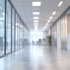 Blurred Minimalist Office Hallway with Elegant Glass Walls and Bright Lighting