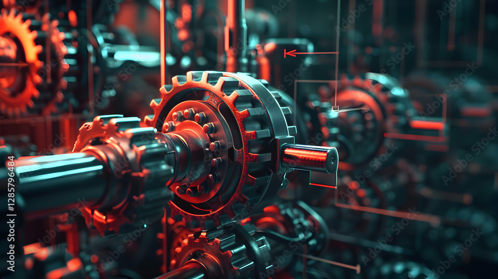 Poster close-up view of intricate gears in a mechanical system with glowing accents in a dark environment