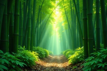 Mystical Pista green bamboo grove, sunlight dappled, design, lush, leaves