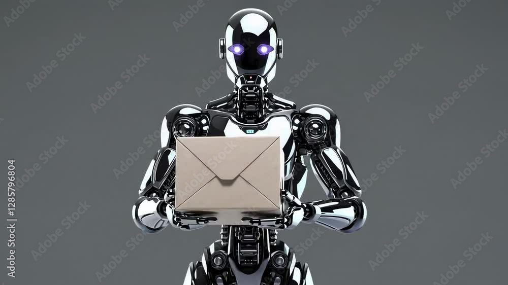 Poster metallic humanoid robot holding postal envelope, presenting advanced technological communication thr