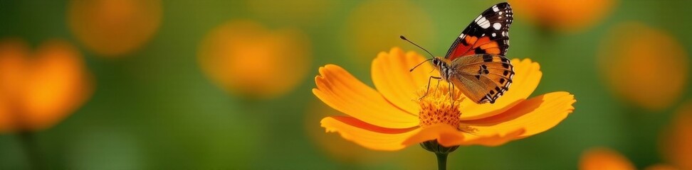 Fototapeta premium Painted lady butterfly feeding on bright orange cosmos flower, pollination, beauty, wildlife