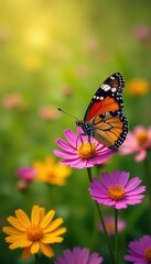 Fototapeta premium Painted lady butterfly amidst wildflowers, sunny meadow , meadow, vibrant