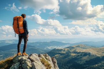 Obraz premium A lone traveler stands triumphantly on a mountain peak, overlooking a vast landscape under a vibrant sky, showcasing the beauty of adventure and exploration.