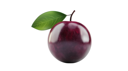 Fresh purple plum with a green leaf displayed against a plain background showcasing its glossy surface and natural shapes