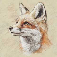 Obraz premium The picture shows a red fox on a light background. Her eyes are red, and the tips of her ears and tail are black