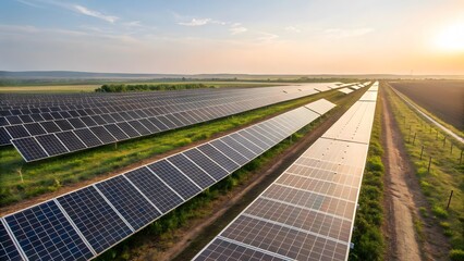Expansive Solar Panel Array under Clear Blue Sky at Sunset