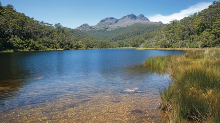 Fototapeta premium Tranquil mountain lake, lush forest background, scenic view, nature escape, tranquil water
