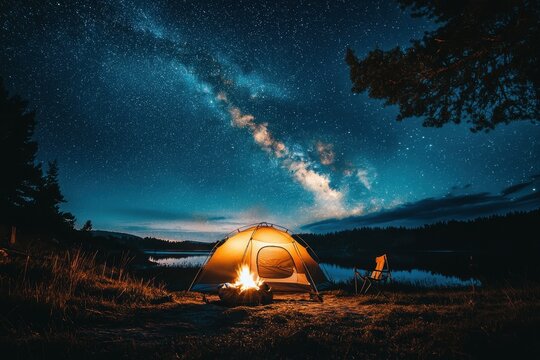 A peaceful camping scene at night with a glowing tent beside a tranquil lake, under a starry sky filled with the Milky Way's bright colors. - Powered by Adobe