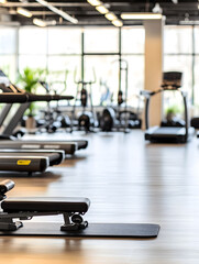 Fototapeta premium Modern Fitness Center with Treadmills and Exercise Equipment in Sunlit Environment : Generative AI