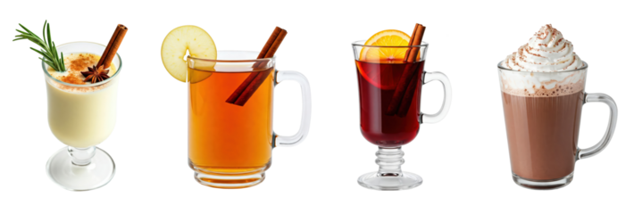 Christmas holiday mulled wine with orange, hot chocolate, eggnog, apple cider set bundle png, cutout isolated white background. Festive warm hot winter holiday season drink drinks graphic resource