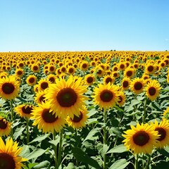 Obraz premium A breathtaking landscape of blooming sunflowers beneath a radiant blue sky.