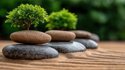 Zen garden features raked sand, smooth stones, and lush bonsai trees creating a serene environment for reflection and tranquility