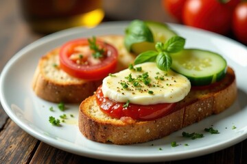 Rustic white plate, Camembert, tomato cucumber toast, jam, herbs, foodstyling, appetizer