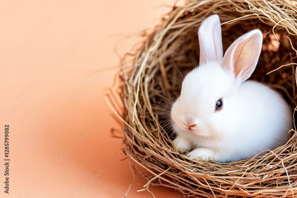 Poster baby rabbit is sitting in a nest made of twigs. the nest is small and cozy, providing a safe and com