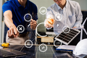 Construction team, blueprint and site building job for architect, builder and engineer sketching a construction project, green energy and solar panel concept