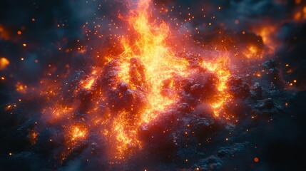 Fototapeta premium Fiery explosion, burning rocks, dark environment, smoke
