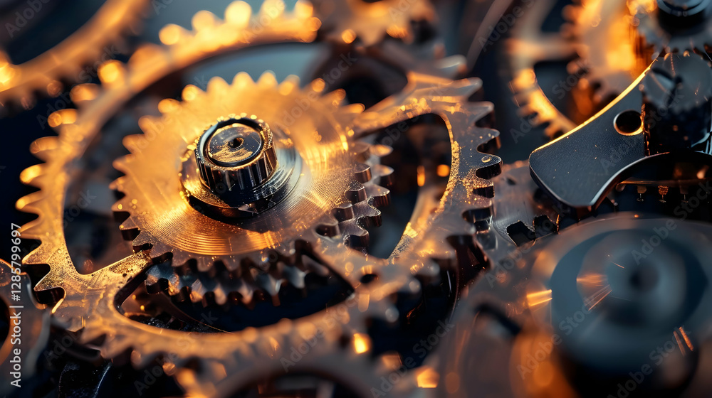 Poster close-up view of intricate metallic gears interlocking, showcasing craftsmanship and mechanics