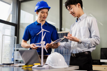 Fototapeta premium Construction team, blueprint and site building job for architect, builder and engineer sketching a construction project, green energy and solar panel concept