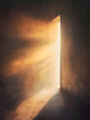 Sunlight Casting Warm Glowing Rays Through an Open Door in a Dim Room : Generative AI