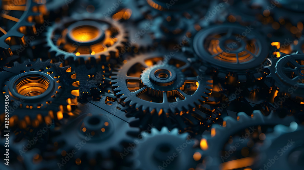 Poster close-up view of intricate metallic gears with glowing elements, showcasing mechanical complexity
