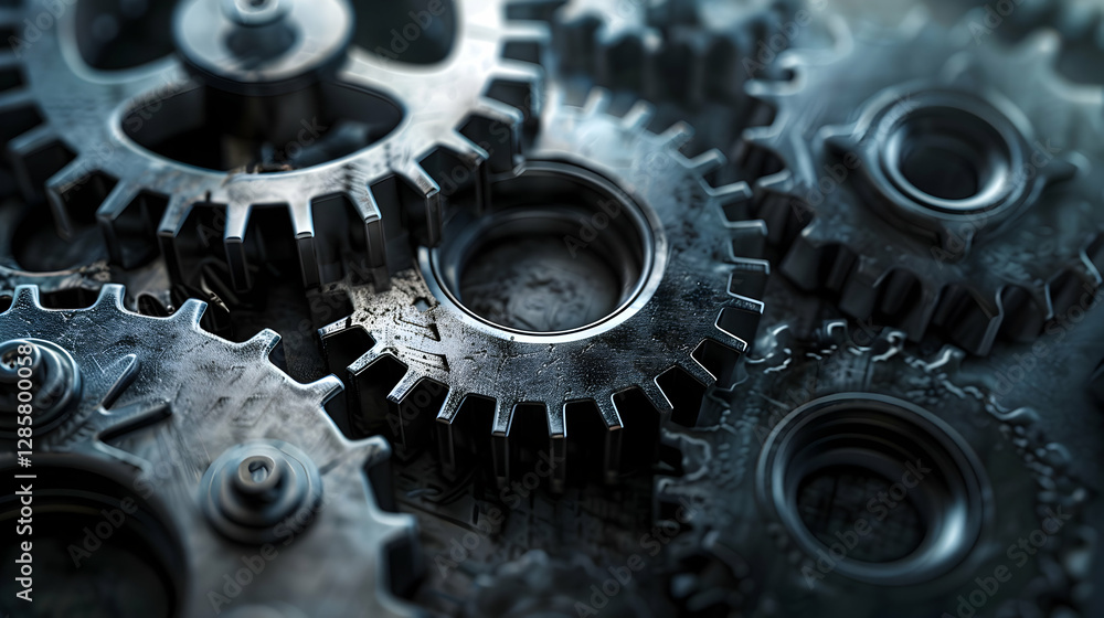 Poster close-up view of interlocking metallic gears showcasing intricate details and textures (3)