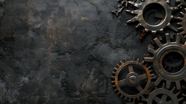 Close-up view of vintage gears on a textured dark background, showcasing industrial design elements
